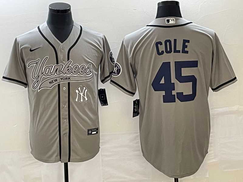 Men%27s New York Yankees #45 Gerrit Cole Gray With Patch Cool Base Stitched Baseball Jersey->new york yankees->MLB Jersey